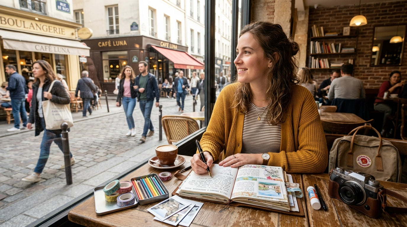 mujer escribiendo en su journal en un café, observando la gente que camina afuera en la calle